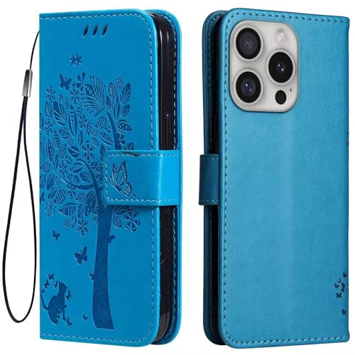 Topme Leder Tasche Hülle für Smartphone, Compatible with iPhone 16 Pro (6.3" Inches), [Katzen- Und Baummuster-Stil Handytasche] - Blau von Topme
