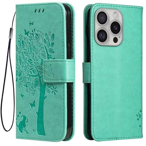 Topme Leder Tasche Hülle für Smartphone, Compatible with iPhone 16 Pro Max (6.9" Inches), [Katzen- Und Baummuster-Stil Handytasche] - Grün von Topme
