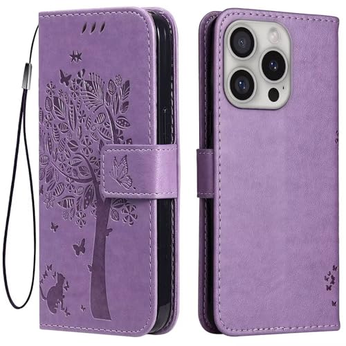 Topme Leder Tasche Hülle für Smartphone, Compatible with iPhone 16 Pro Max (6.9" Inches), [Katzen- Und Baummuster-Stil Handytasche] - Helles Lila von Topme