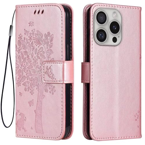 Topme Leder Tasche Hülle für Smartphone, Compatible with iPhone 16 Pro Max (6.9" Inches), [Katzen- Und Baummuster-Stil Handytasche] - Roségold von Onetobye