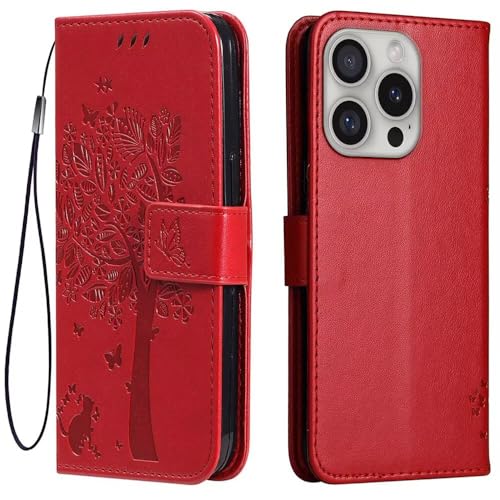 Topme Leder Tasche Hülle für Smartphone, Compatible with iPhone 16 Pro Max (6.9" Inches), [Katzen- Und Baummuster-Stil Handytasche] - Rot von Topme