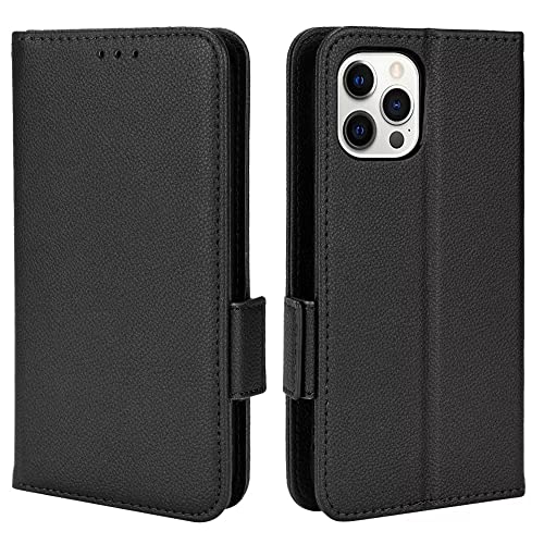 Topme Leder Tasche Hülle für iPhone 12 Pro 6.1" Inches, [einfache Telefonhülle mit Litschi-Muster] - Schwarz von Topme
