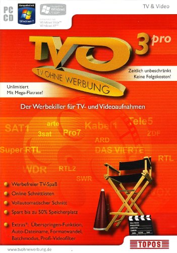 TVO - TV ohne Werbung 3 Pro mit Mega-Flatrate, CD-ROM Der Werbekiller für TV- und Videoaufnahmen inkl. Feature-Pack und Mega-Flatrate. Für Windows® 7, Vista, XP, 2000 (32+64bit) von Topos