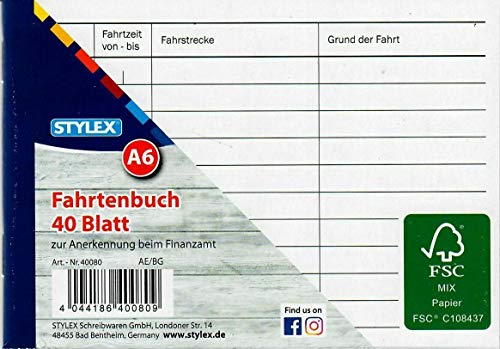 6 Fahrtenbücher DIN A6 Stylex Fahrtenbuch 40 Blatt von Toppoint