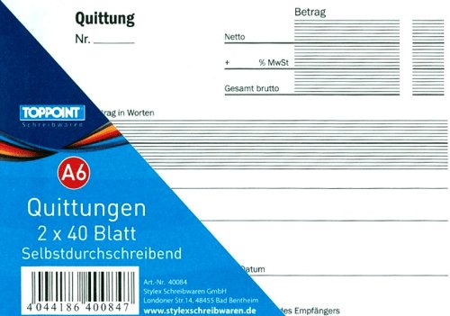 Quittungsblock selbstdurchschreibend, DIN A 6 quer, 2 x 40 Blatt (je 1 Original und 1 Kopie). Stabiler Einband. von Toppoint