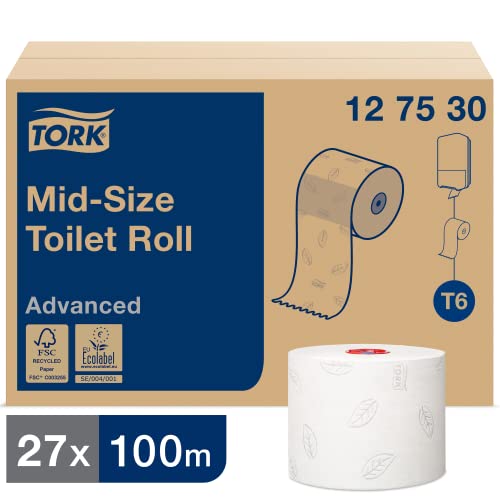Tork 127530 weiches Midi Toilettenpapier in Advanced Qualität für Tork T6 Toilettenpapier Doppelrollenspender / 2-lagiges WC-Papier weich und reißfest, 27er Pack (27 x 100 Meter) von Tork
