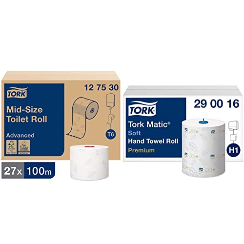 Tork 127530 weiches Midi Toilettenpapier in Advanced Qualität für Tork T6 Toilettenpapier Doppelrollenspender 27er Pack & Matic weiches Rollenhandtuch Premium 290016 - H1 Premium Handtuchrollen von Tork