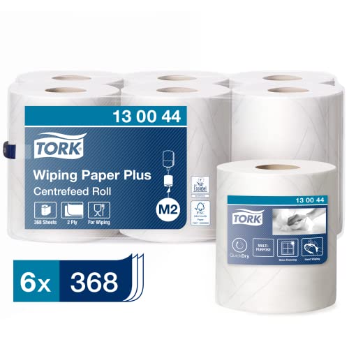 Tork 130044 Starke Mehrzweck Papierwischtücher für das M2 Innenabrollung Spendersystem / 2-lagiges stabiles Papier in Weiß / mit Quick Dry Funktion, 6 x 125 Meter von Tork