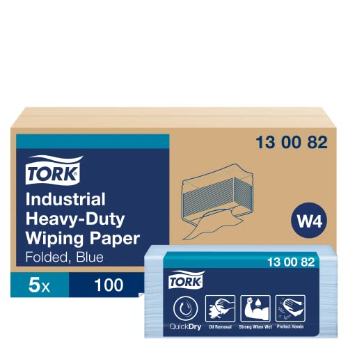 Tork 130082 Extra Starke Industrie Papierwischtücher für W4 Einzeltuch System / 3-lagige Wischtücher in Blau / Premium Qualität / 500 Papiertücher / 38,5 x 32,4 (B x L) von Tork