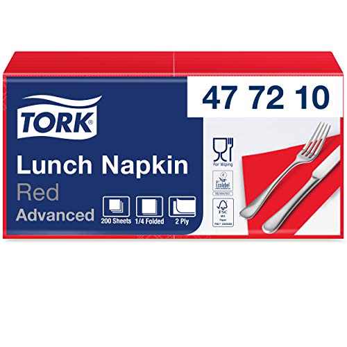 Tork 477210 Lunchservietten Rot / 2-lagige Servietten für kleine Gerichte & Snacks / Advanced Qualität / 10 x 200 (2000) Papierservietten / 32,6 x 33 cm (B x L) / 1/4-Falz von Tork