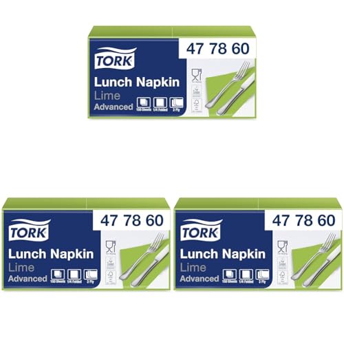 Tork 477860 Soft Lunchservietten Limone / 3lagige, saugfähige Papierservietten in Hellgrün/Vielfältig verwendbar/Advanced Qualität / 10 x 150 (1500) Servietten / 32,6 x 33 cm (B x L) / 1/4-Falz von Tork