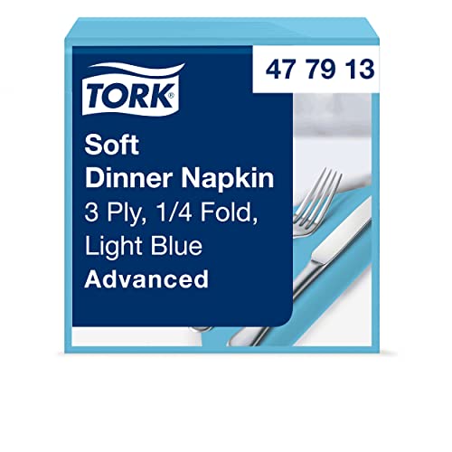 Tork 477913 Soft Dinnerserviette Hellblau / Papierservietten 3 lagig / Ideale Qualität und Größe für ein Abendessen / Advanced Qualität / 12 x 100 (1200) Servietten / 39 x 39 cm (B x L) von Tork