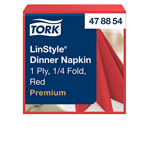 Tork 478854 Linstyle Premium Dinnerservietten Rot / Servietten stoffähnlich und saugfähig / 1-lagig / Premium Qualität / 12 x 50 (600) Airlaid Servietten / 39 x 39 cm (B x L) von Tork