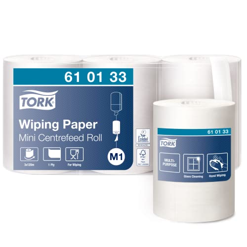 Tork 610133 Mehrzweck Papierwischtücher für das M1 Innenabrollung Mini Spendersystem / 1-lagiges stabiles Papier in Weiß / 3 x 120m von Tork