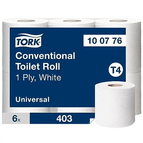 Tork Kleinrollen Toilettenpapier Weiß T4, Universal-Qualität, 1-lagig, extralange Rolle, 6 × 400 Blatt, 100776 Tork Kleinrollen Toilettenpapier Weiß T4, Universal-Qualität, 1-lagig, extralange Rolle, 6 × 400 Blatt, 100776 von Tork