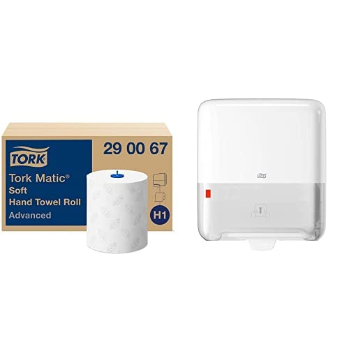 Tork Matic Rollenhandtuch Advanced 290067 - H1 für Rollenhandtuchspender, weich, 2-lagig, weiß & Tork Matic Spender für Rollenhandtücher 551000 - H1 Rollenhandtuch-Spender, Einzelblattentnahme, weiß von Tork