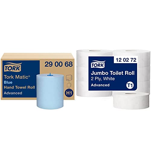 Tork Matic Rollenhandtuch Advanced 290068-2-lagig, blau - 6 Rollen x 150m & 120272 Jumbo Toilettenpapier in Advanced Qualität für Tork T1 Jumbo Toilettenpapiersysteme / 2-lagiges WC-Papier, 6er Pack von Tork