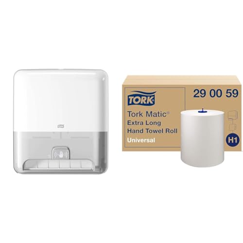 Tork Matic Sensorspender für Rollenhandtücher 551100 & 290059 Matic Rollenhandtuch, Extra langes, Weiß (6-er Pack) von Tork