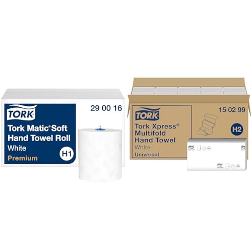 Tork Matic weiches Rollenhandtuch Premium 290016 - H1 Premium Handtuchrollen & Xpress Multifold Papierhandtücher 150299 - H2 Universal Falthandtücher für Handtuchspender - mehrfach gefaltet von Tork