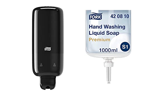 Tork Seifenspender für Flüssigseife, S1/S11 Spendersystem, Schwarz + Flüssigseifen-Nachfüllpackung zum Händewaschen, 1 x 1000 ml von Tork