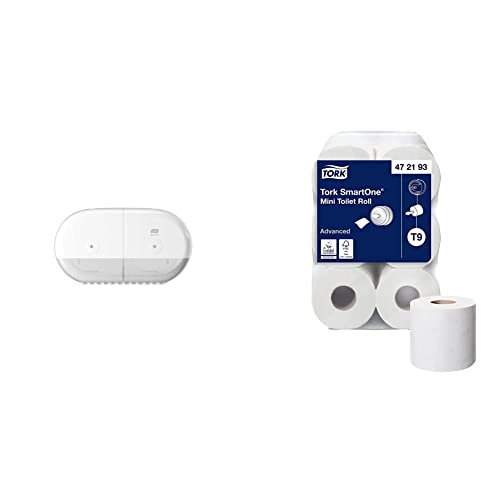 Tork SmartOne® Mini Doppelrollenspender für Toilettenpapier Weiß T9, Hohe Kapazität, Elevation Linie, 682000 & SmartOne Mini Toilettenpapier Weiß T9, Advanced, 2-lagig, 12 × 620 Blatt, 472193 von Tork