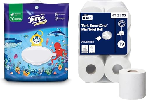 Tork SmartOne Mini Toilettenpapier Weiß T9, 12 × 620 Blatt + Tempo Feuchte Toilettentücher, 10 x 40 Tücher (400 Tücher) von Tork