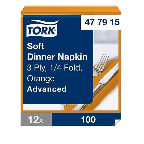 Tork Soft Dinnerservietten Orange, 1/4‑Falz, 3‑lagig, 40 cm × 39 cm, 12 × 100 Servietten, 477915 von Tork