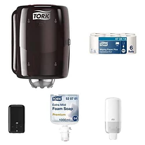 Tork Wall Mounted Centrefeed Dispenser, Soap Dispenser, Toilet Paper Dispenser + Refills - Wiping Paper Towels (6x150.7m) + Foam Soap Refill + Toilet Paper Pack von Tork