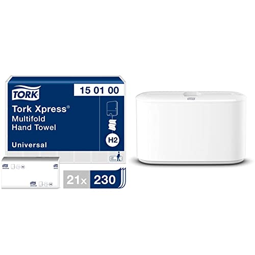 Tork Xpress Multifold Papierhandtücher 150100 - weiß - 21 x 230 Tücher & Xpress Tischspender für Multifold Papierhandtücher 552200, Elevation Design - H2 Tisch-Papierhandtuchspender weiß von Tork