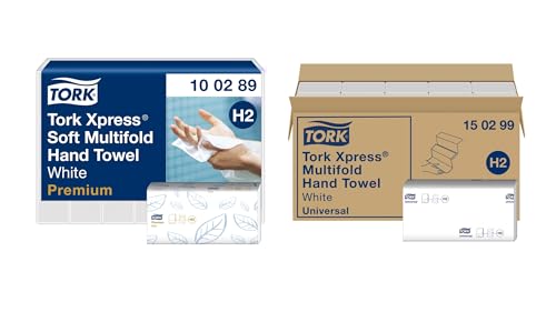 Tork Xpress weiche Multifold Papierhandtücher 100289 - weiß - 21 x 150 Tücher & Xpress Multifold Papierhandtücher 150299 - H2 Universal Falthandtücher für Handtuchspender - weiß - 20 x 237 Tücher von Tork