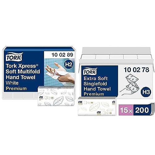 Tork Xpress weiche Multifold Papierhandtücher 100289 - weiß - 21 x 150 Tücher & extra weiche Zickzack Papierhandtücher Premium 100278 - weiß - 15 x 200 Tücher von Tork