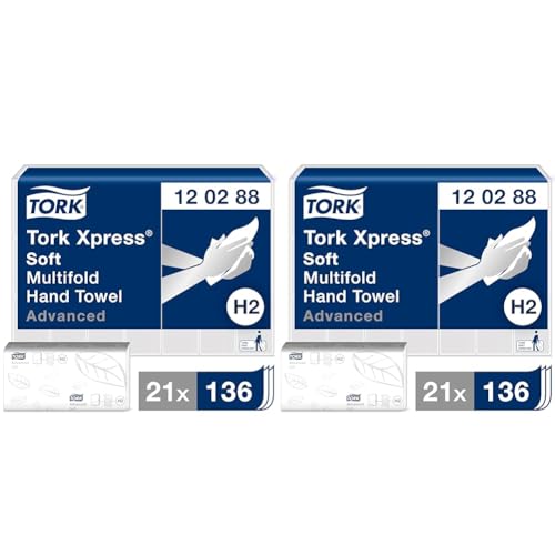 Tork Xpress weiche Multifold Papierhandtücher 120288 - H2 Advanced nachhaltige Falthandtücher für Handtuchspender - saugfähig und reißfest, groß, 2-lagig, weiß - 21 x 136 Tücher (Packung mit 2) von Tork