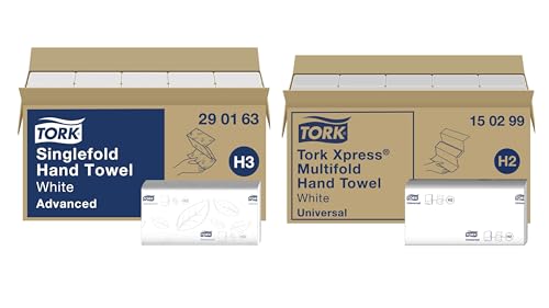 Tork Zickzack Papierhandtücher Advanced 290163 - H3 Falthandtücher, 2-lagig, weiß & 150299 Xpress Multifold Papierhandtücher H2 Universal in Weiß - Falthandtücher 1-lagig - 20 x 237 Papier Tücher von Tork