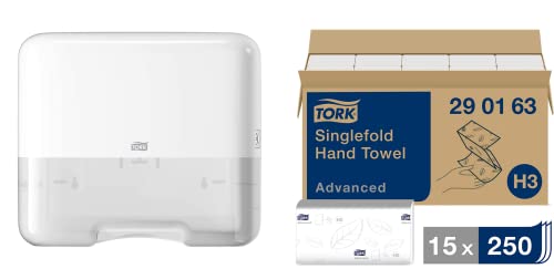 Tork Zickzack Papierhandtücher Advanced 290163 - H3 Falthandtücher, 2-lagig, weiß & Mini Spender für Zickzack und Lagenfalz Papierhandtücher 553100, Elevation Design-Kompakter H3 Handtuchspender, weiß von Tork