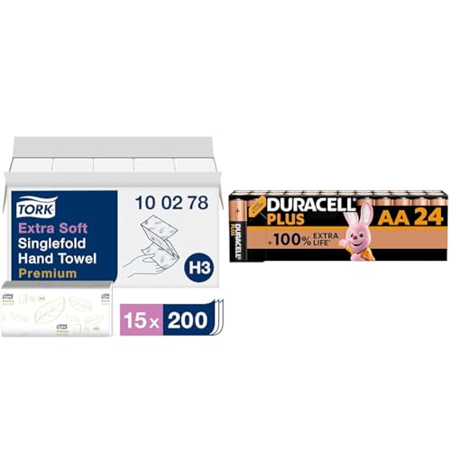 Tork extra weiche Zickzack Papierhandtücher Premium 100278 - H3 Falthandtücher für Zickzack Papierhandtuchspender - besonders saugfähig & Duracell Plus Batterien AA von Tork