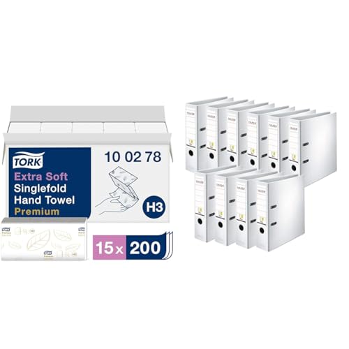 Tork extra weiche Zickzack Papierhandtücher Premium 100278 & Original Falken 10er Pack PP-Color Kunststoff-Ordner. Made in Germany. 8 cm breit DIN A4 weiß Vegan Ringordner Aktenordner Briefordner von Tork