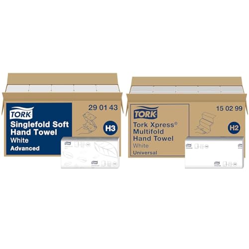 Tork weiche Zickzack Papierhandtücher Advanced 290143 & Xpress Multifold Papierhandtücher 150299 - H2 Universal Falthandtücher für Handtuchspender - mehrfach gefaltet Tork weiche Zickzack Papierhandtücher Advanced 290143 & Xpress Multifold Papierhandtücher 150299 - H2 Universal Falthandtücher für Handtuchspender - mehrfach gefaltet von Tork
