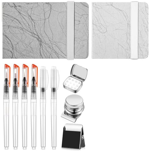 Torsten 11-Teiliges Tragbares Mini-Aquarellpaletten-Set, 12 Raster-Aquarellpalette, Aquarellpapierblock, Skizzenbuch, Pinselstifte von Torsten