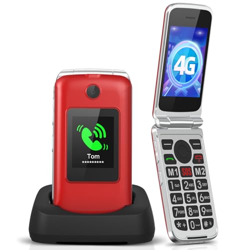 Tosaju 4G Seniorenhandy ohne Vertrag Klapphandy Einfach Großtasten Handy für Senioren mit Ladestation Notruftaste Dual-SIM Frei 1200 mAh Akku Lange Standby-Zeit 2,8 und 1,77 Zoll Dual Farbdisplay Rot von Tosaju