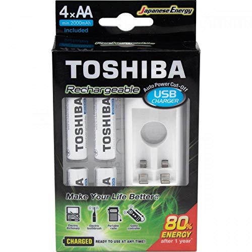 Toshiba Kompaktes Ladegerät für AA- und AAA-Batterien, inklusive 4 wiederaufladbaren Batterien der Größe AA 2000 mA, kompatibel: Xbox, Wii, Fotokamera, Foto-Blitz, Taschenlampen von Toshiba