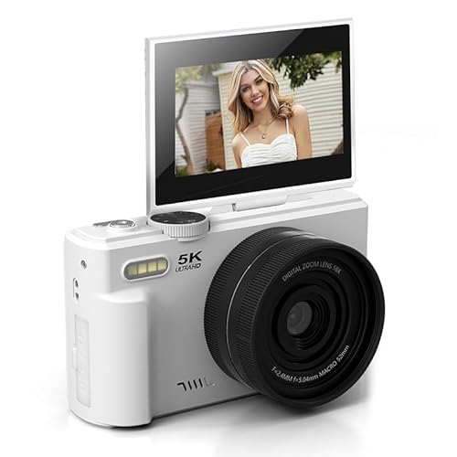 Digitalkamera 5K HD, 75MP UHD WiFi Vlogging Camera mit 3 Zoll Flip Bildschirm, 18 facher Optischer Zoom, 18XAF Autofokus, Aufhelllicht, Anti Shake, Reisekameras für Fotografie (Weiß) von Tosuny
