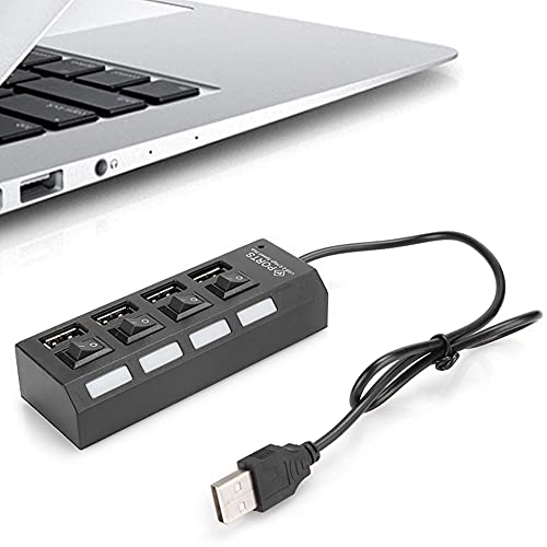 Tosuny 4-Port-USB-Hub, 480 MBit/S Hochgeschwindigkeitsübertragung USB-Hub mit Unabhängigem LED-Netzschalter, Plug-and-Play, Geeignet für USB-Lüfter mit Tastaturmaus (4 schwarz) von Tosuny