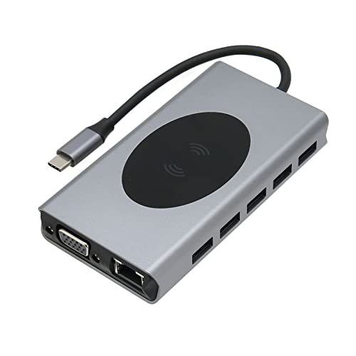 Tosuny Dockingstation, 13-in-1-Hub, HD-Multimedia-Schnittstelle, VGA, USB3.0x5, Speicherkarte, Speicherkarte, RJ45, PD, AUDIO3.5, Kabelloses Aufladen, Laptop-Dock für OS X, für (Grau) von Tosuny