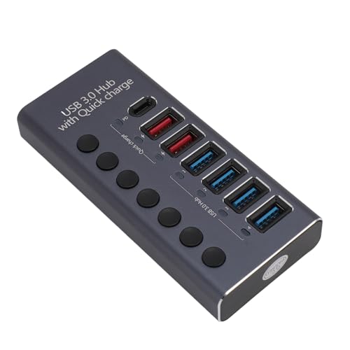 USB 3.0 Hub, 7 Prots USB Splitter Hub (4 Hochgeschwindigkeits Datenübertragungsanschlüsse + 3 Schnellladeanschlüsse) mit Individuellen LED EIN/Aus Schaltern und Netzteil, für Win von Tosuny