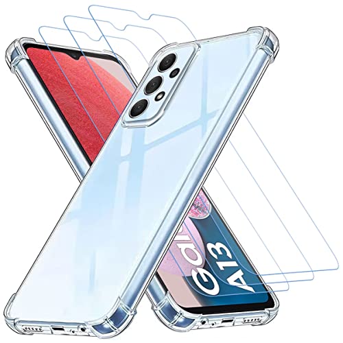 Totill Handyhülle hülle für Samsung Galaxy A13 4G und 5G + 3 Schutzfolie, Schutzhülle aus transparentem Silikon TPU Bumper mit verstärkten Ecken, klarer Schutz. panzerglas, Panzer Schutz Glas für A13 von Totill