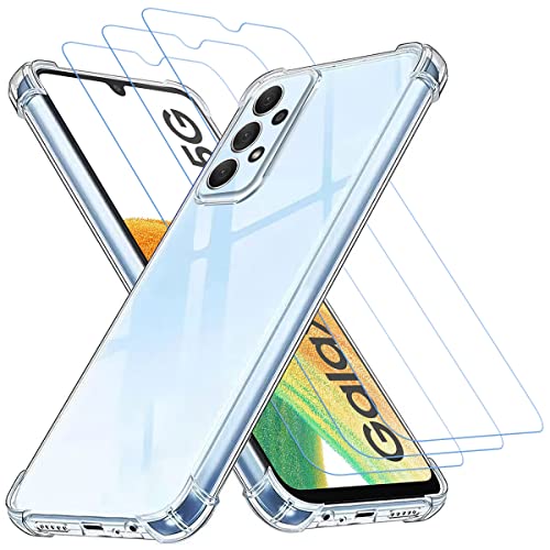 Totill Handyhülle hülle für Samsung Galaxy A33 4G und 5G + 3 Schutzfolie, Schutzhülle aus transparentem Silikon TPU Bumper mit verstärkten Ecken, klarer Schutz. panzerglas, Panzer Schutz Glas für A33 von Totill