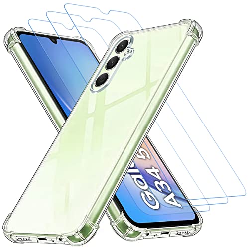 Totill Handyhülle hülle für Samsung Galaxy A34 5G + 3 Schutzfolie, Schutzhülle aus transparentem Silikon TPU Bumper mit verstärkten Ecken, klarer Schutz. panzerglas, Panzer Schutz Glas für A34 von Totill