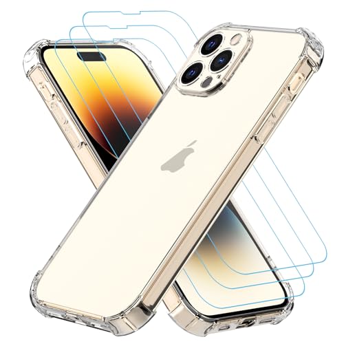 Totill Klar Hülle für iPhone 14 Pro Max, 1 Handyhülle mit 3 Stück Panzer Schutz Glas und Positionierhilfe, [ 360 Grad Schutzhülle ] Stoßfest Transparent Schutzhülle Dünn Durchsichtige Case, Panzer S von Totill