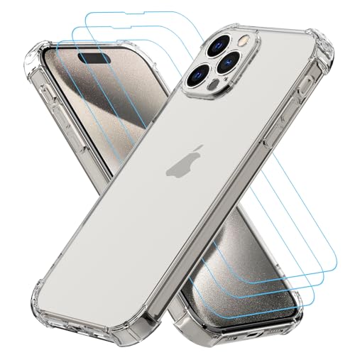 Totill Klar Hülle für iPhone 15 Pro Max, 1 Handyhülle mit 3 Stück Panzer Schutz Glas und Positionierhilfe, [ 360 Grad Schutzhülle ] Stoßfest Transparent Schutzhülle Dünn Durchsichtige Case, Panzer S von Totill