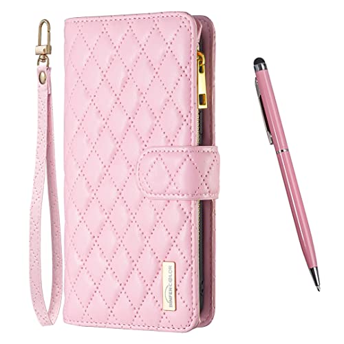 TOUCASA Kompatibel mit Samsung Galaxy A51 4G Hülle, Vintage Reißverschluss Handyhülle Leder mit 9 Kartenfächer Standfunktion Geldbörse Trageband Schutzhülle Flip Wallet Case Stoßfeste (Rosa) von TOUCASA